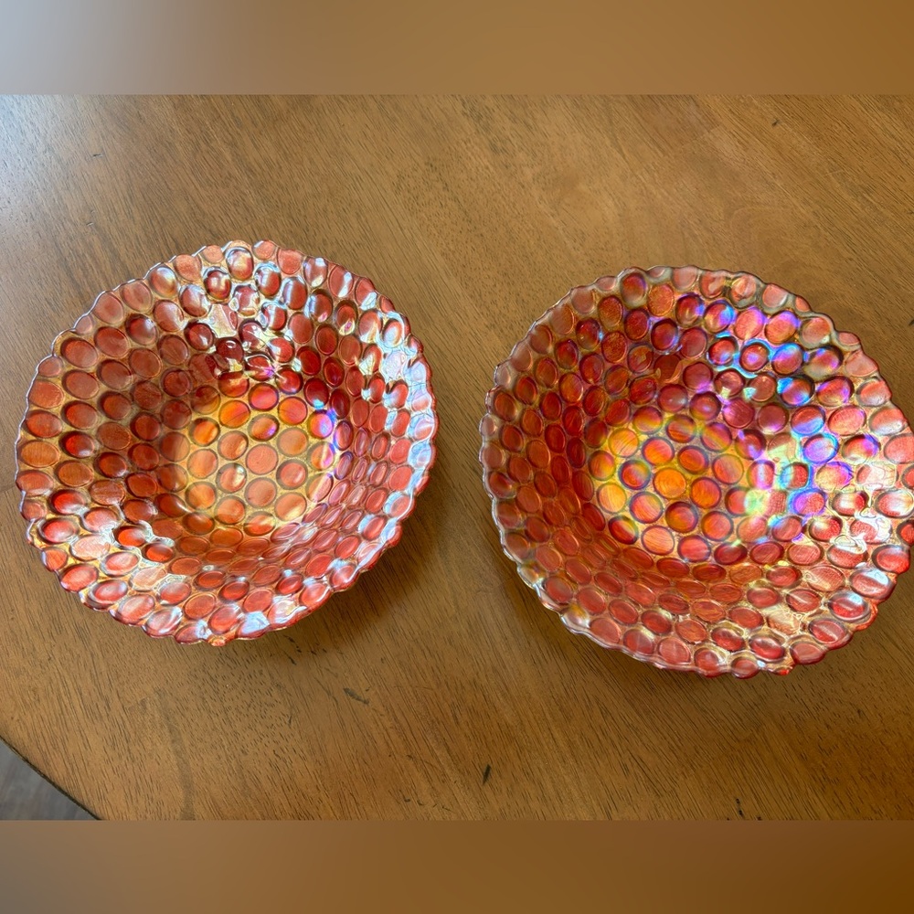 2 Vintage Pink/Red Coin Bot Bubble Pressed Glass Bowl With Gold Backing 8 Inches